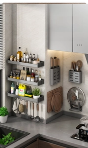 Detailed wall-mounted gun grey kitchen rack set with knife holder and utensil organizer