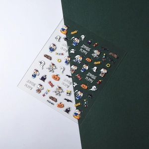 Detailed view of Halloween 3D embossed nail stickers featuring zombie puppy and bats