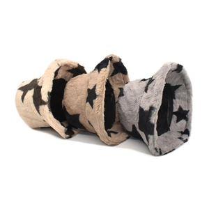 Three plush bucket hats with star patterns in beige, khaki, and light grey colors
