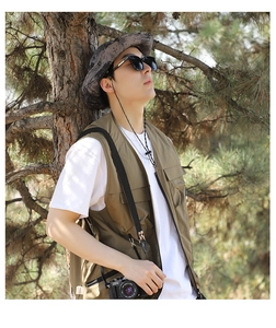 Outdoor leisure outfit featuring camouflage sun hat, tactical vest and sunglasses