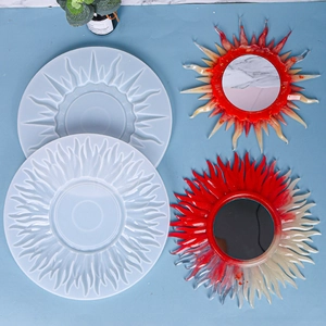 Macro detail of sunburst silicone mold and DIY resin mirror craft with sun flower texture