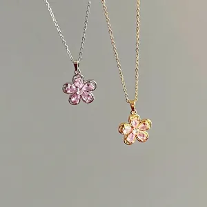Flower Pendant Necklace Pink Zircon Stainless Steel Copper Gold Plated Elegant Fashion Jewelry Daily Wear Gift For Her
