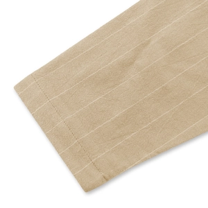 Close-up of khaki linen shirt fabric showing vertical stripes and detailed stitching