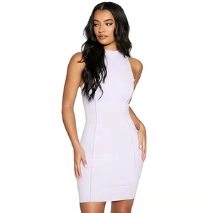 Detail of lavender ribbed knit texture on a slim fit sleeveless bodycon dress