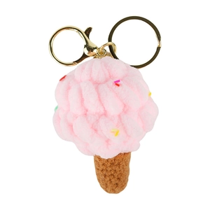 Colorful plush ice cream keychain with pink fluffy top and hand-woven brown cone