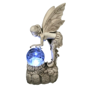 Solar fairy figurine with glowing blue crystal ball and stone finish resin garden decor