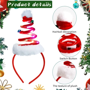 LED light-up Christmas tree headband with red spiral design and festive bells