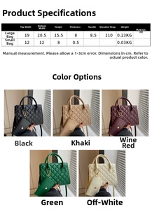 Size chart showing PU leather quilted square handbags in five colors with dimensions