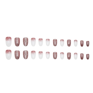 Faux ongles dégradé bordeaux avec flocons de neige blancs et paillettes, 24 pièces