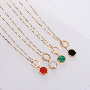 Set of four 18K gold plated stainless steel necklaces with colorful round pendants
