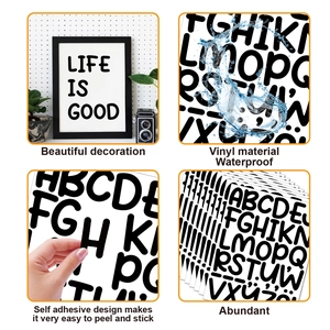 Close-up of 2-inch black vinyl alphabet stickers showing waterproof and self-adhesive features