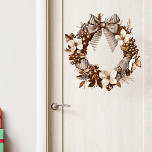 Detail of vintage Christmas wreath wall sticker with floral bow on a white wooden door