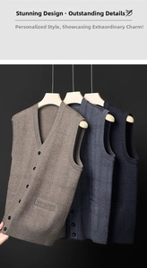 V-neck knit vests in brown, blue and navy with classic button-front and textured pattern