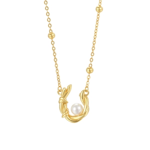 S925 silver retro pearl necklace with irregular geometric pendant and gold beads