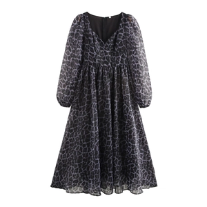 Leopard Print Maxi Dress French Retro Style Square Neck Long Sleeve Organza High Waist Elegant Women Outwear