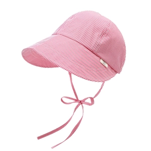 Pink and white striped baby sun hat with breathable fabric and adjustable chin strap
