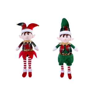 Plush Christmas elf dolls set in red and green festive outfits for holiday home decoration