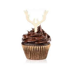 Wooden reindeer antler cupcake topper on a chocolate frosted muffin for Christmas party decor