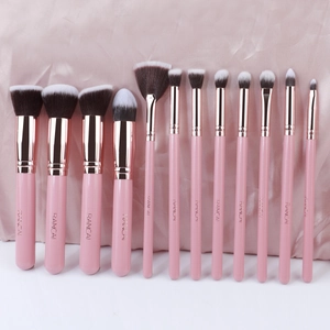 12-piece professional makeup brush set with pink handles and rose gold ferrules