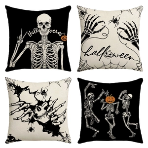 Halloween linen pillow cases featuring skulls spiders and pumpkins designs for home decor