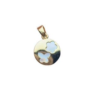 Golden round pendant with white mother-of-pearl clover and butterfly inlays