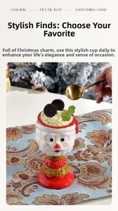 Detailed view of a Santa Claus ceramic dessert cup on a festive vintage tablecloth