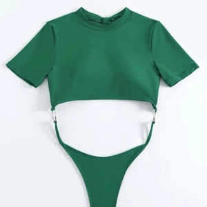 Solid dark green cutout one-piece swimsuit with short sleeves and silver metal rings