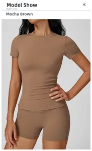 Mocha brown quick-dry yoga set featuring short sleeve slim fit T-shirt and gym shorts
