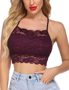 Lace camisole in deep purple featuring delicate floral patterns and scalloped hemline