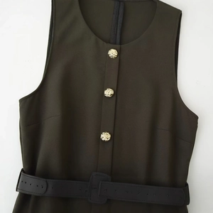 Sleeveless olive green midi dress featuring a belted waist and golden decorative buttons