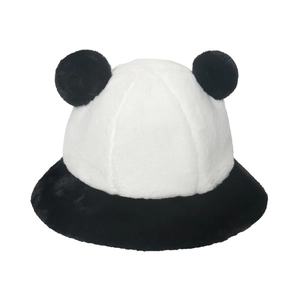 Cute Panda Ears Plush Bucket Hat Winter Warm Faux Fur Black White Contrasting Color Fluffy Fishermans Hat For Women