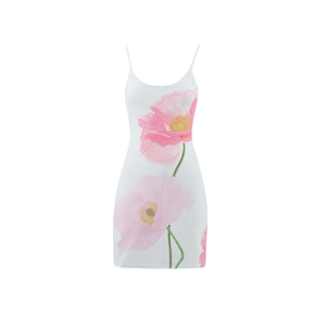 Detailed view of a white mini dress featuring large pink flower prints and thin straps