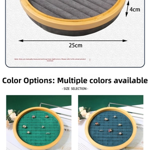 Detail view of round bamboo ring display tray with velvet slots for jewelry storage