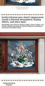 Christmas tree and reindeer window stickers displayed on a festive red storefront glass