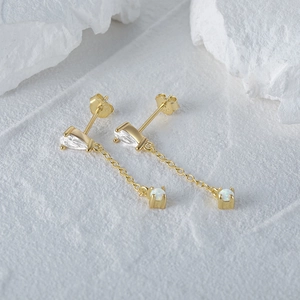 Macro detail of S925 hallmark on gold-plated sterling silver opal drop earrings