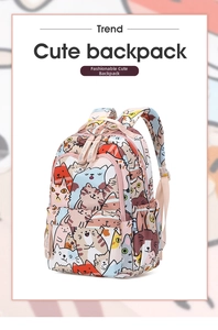 Close-up of hand-drawn cartoon cat prints on high-capacity cream canvas backpack