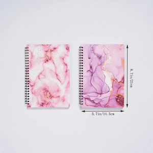 A5 thick spiral notebook with pink and purple marble patterns, 21x14.5cm dimension view