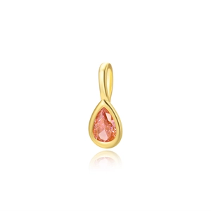 Detailed view of 18k gold plated pear-cut pink zircon pendant with high gloss finish