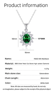 Detailed spec sheet showing S925 silver sunflower pendant with green gemstone and dimensions
