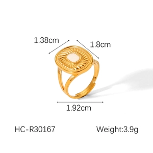 Detailed view of 18k gold plated ring with white shell inlay and measurement specs