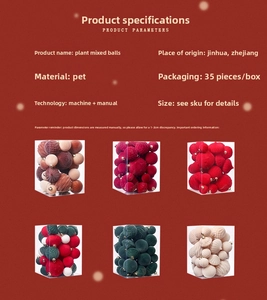 Macro detail of 35 flocked Christmas ball ornaments with PET texture and size specs