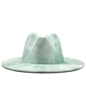 Tie-dye mint green wool jazz fedora hat for men and women with a wide flat brim