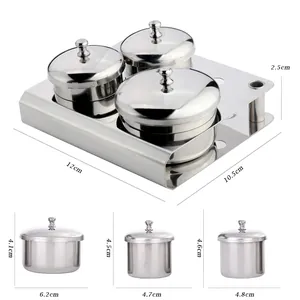 Detailed dimensions for the 3-piece stainless steel nail art cup set on a tray base