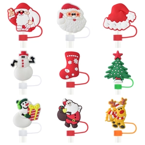 Christmas Straw Cover Silicone Dustproof Cap Reusable Drinking Straw Tip Lid For Holiday Party Kitchen Decoration