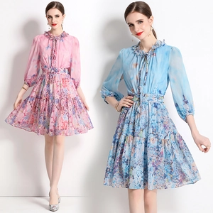 Elegant Floral Print Chiffon Midi Dress Ruffle Collar Tie Neck Lantern Sleeve Elastic Waist For Women