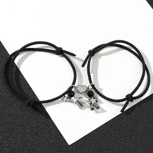 Astronaut magnetic couple bracelets with adjustable black braided ropes for lovers gift