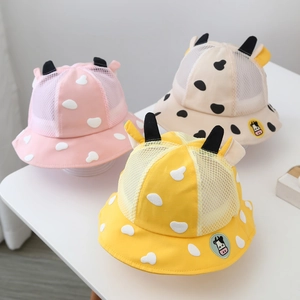 Breathable mesh baby sun hats featuring cute cartoon cow designs in pink, cream and yellow