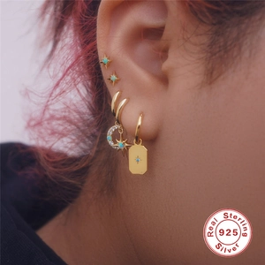 S925 sterling silver octagon opal earrings set with gold star and moon charms