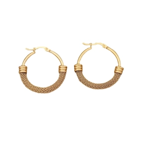 Golden mesh textured hoop earrings with smooth metal clasp on white background