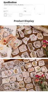 Macro detail of vintage floral stickers with 44x44mm size specifications and 46 pieces